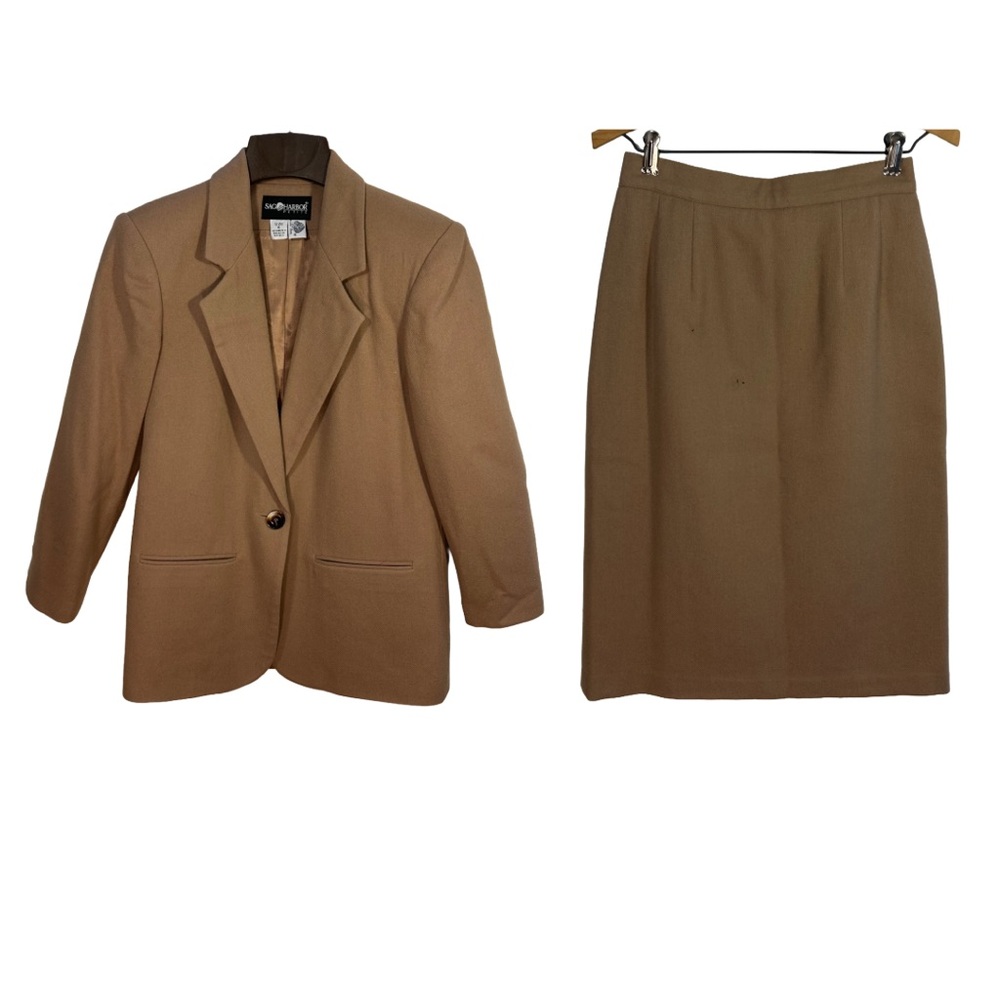 Vintage Sag Harbor Petite Wool Blend Skirt & Suit Set Camel Tan- Size 4P/6P